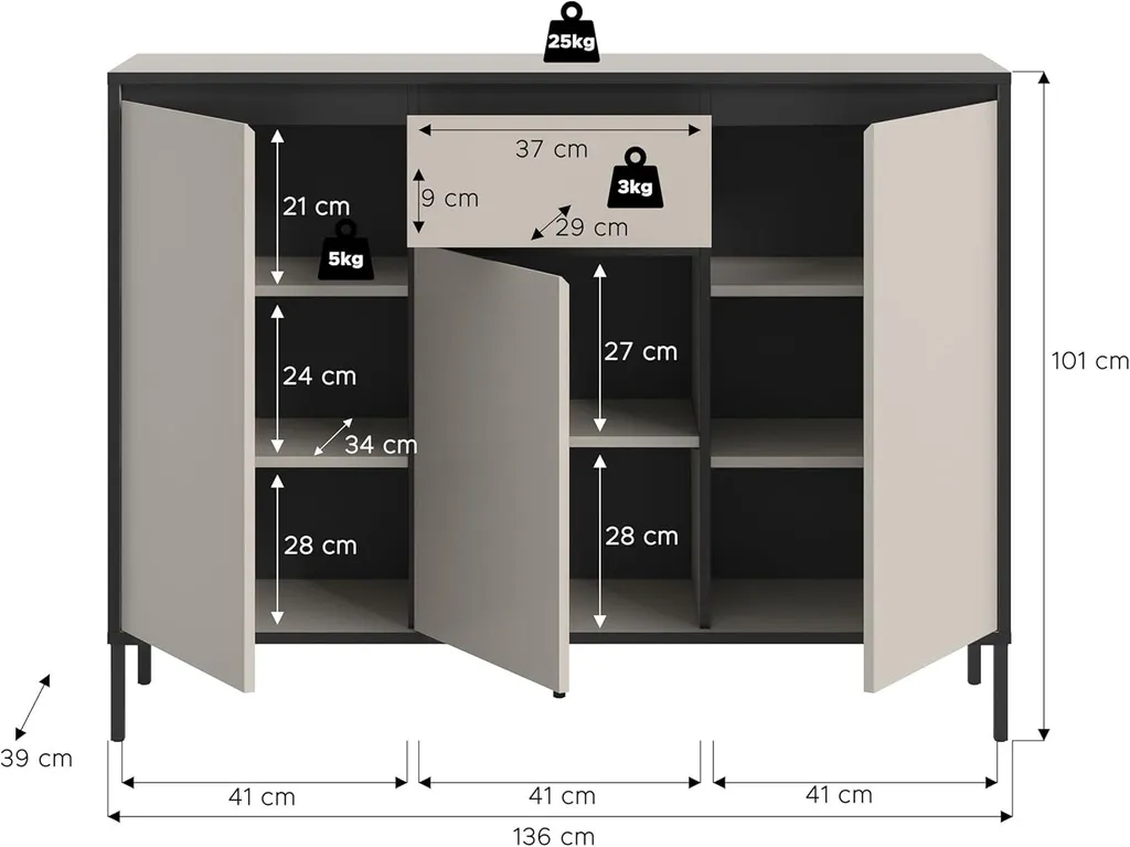 Buffet Tron 3 Portes : Solution Rangement Compacte Teinte Cachemire