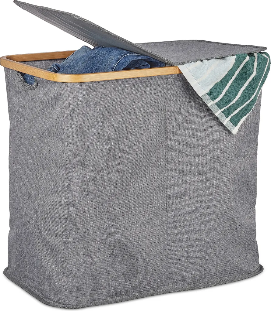 Panier à linge double gris pliable de 100L avec poignées et couvercle