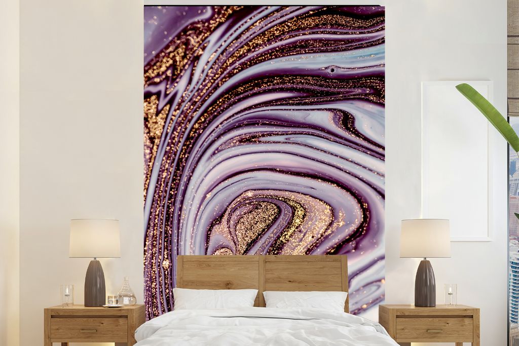 MuchoWow Fototapete für Wohnzimmer oder Schlafzimmer Wandtapete Vinyl Motivtapete Marmor - Rosa - Gold - Glitzer - Marmoroptik - Luxus - 200x300...