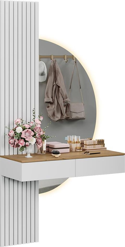 A vanity table with a mirror and accessories.