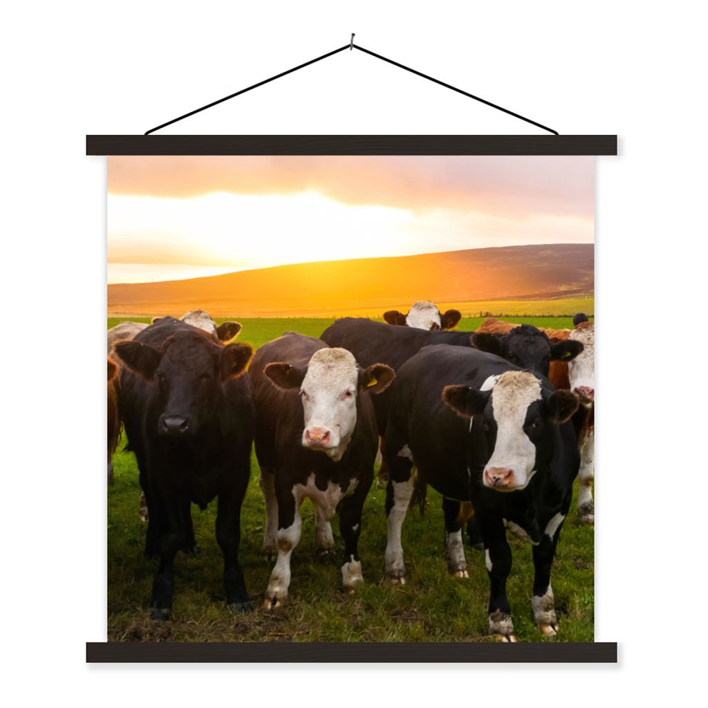 MuchoWow Textilposter Kühe - Hügel - Sonnenuntergang - Gras - Grün 90x90 cm mit schwarzem Rahmen - Magnetisches