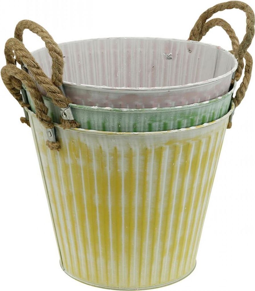Deko-Topf Set 3er, Shabby Chic Vintage Pflanzgefäß, Metalleimer mit Henkeln, Rosa/Grün/Gelb Ø14,5cm H13cm, 3 Stück