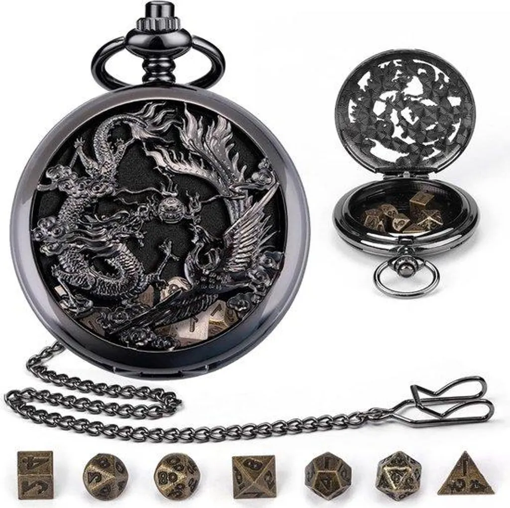 Dés de JdR en métal noir style steampunk avec motifs Dragon et Phoenix