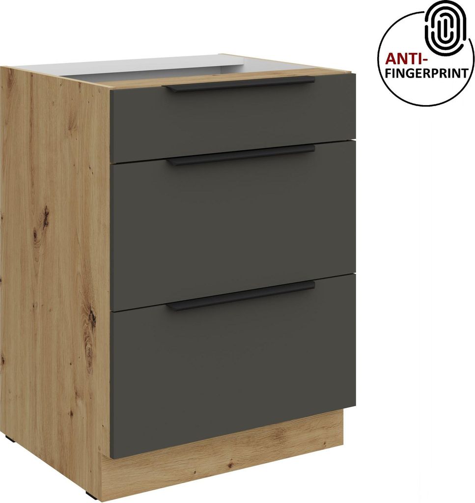 Küchen Unterschrank 60 cm Küche ARIA Graphite ultra matt + Eiche Artisan matt, hochwertige Fronten mit Anti Fingerprint Beschichtung, Soft-Close ...