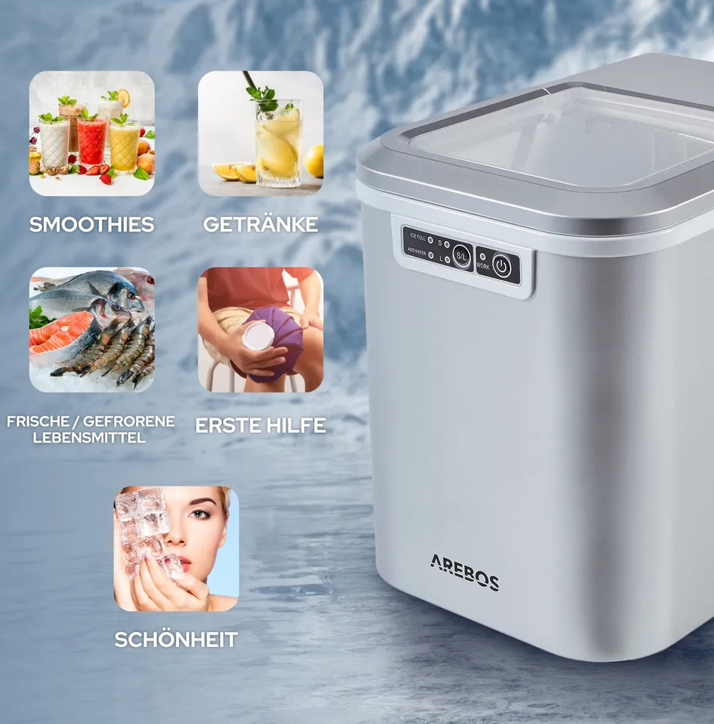 Fabbricatore di Ghiaccio AREBOS Argento 12kg/24h - Macchina Ghiaccio Casa - 9