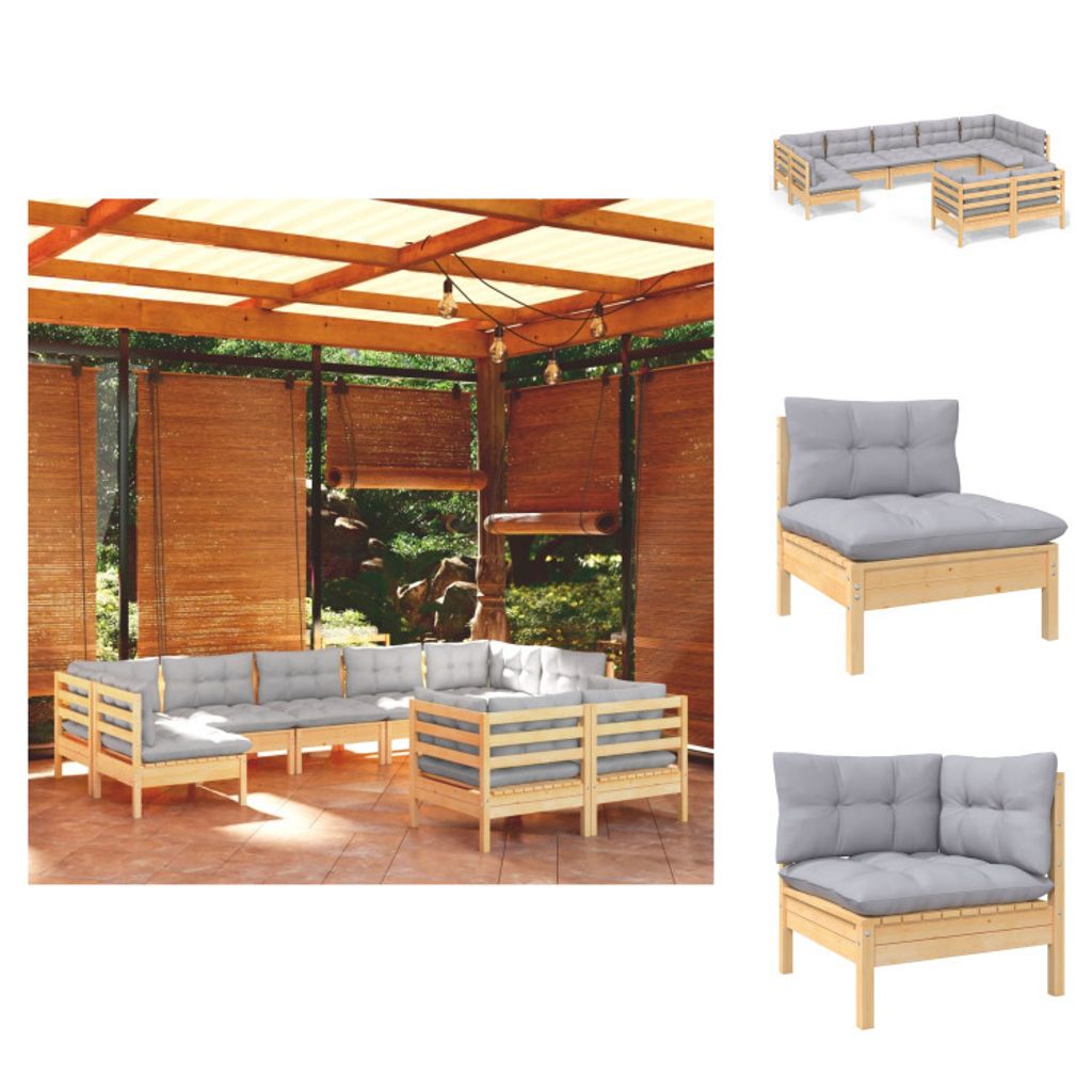 vidaXL 9-tlg. Garten-Lounge-Set mit Grauen Kissen Kiefer Massivholz - Gartenmöbel-Sets