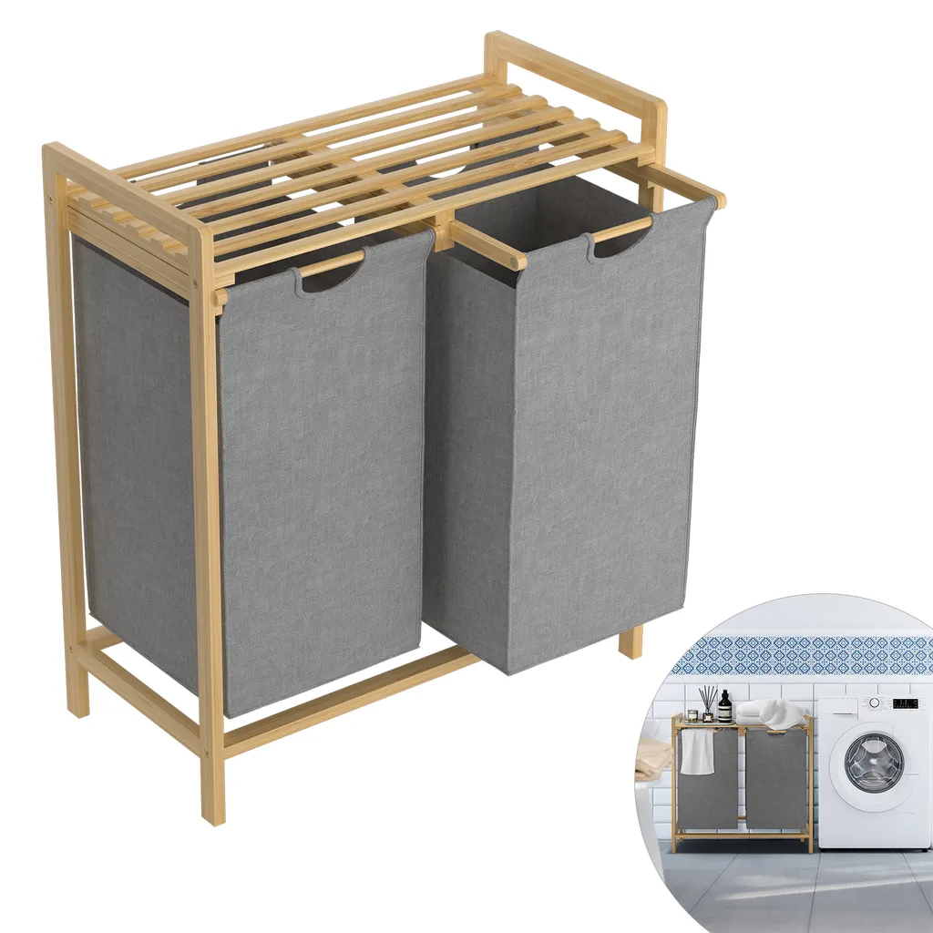 LARS360 Bac à Linge en Bambou avec Étagère et 2 Sacs Amovibles Gris