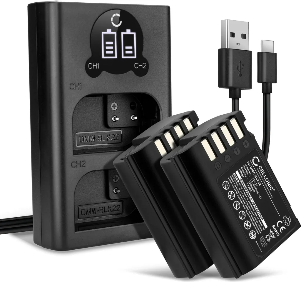 CELLONIC, Batteria per Fotocamera, compatibile con Panasonic Lumix GH5 II, DMW-BTC15, DMW-BLK22 (7.4V, 2250mAh) 2 Pezzi + Doppio caricabatterie