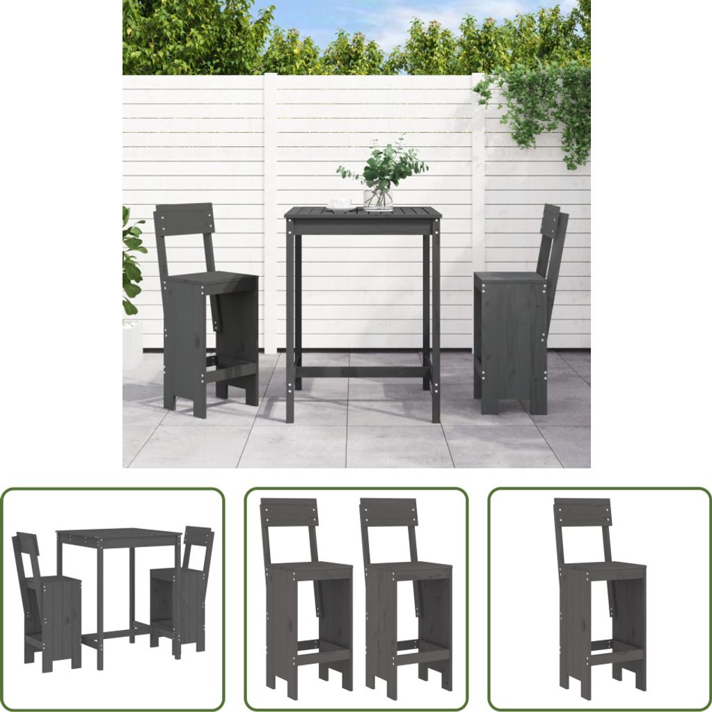 The Living Store 3-tlg. Gartenbar-Set Grau Massivholz Kiefer