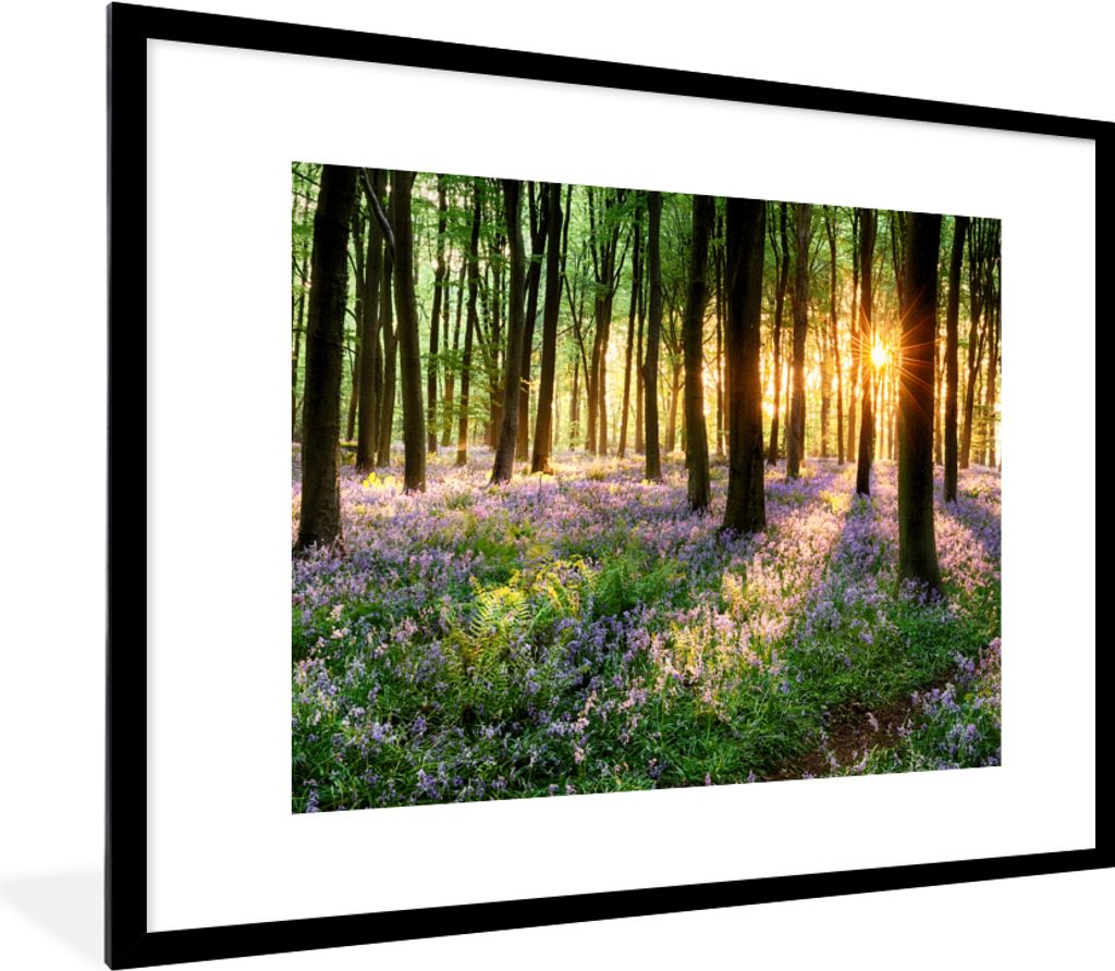 MuchoWow Gerahmtes Poster Wald - Blumen - Lavendel - Sonne - Lila - Natur 80x60 cm - Poster mit Schwarzem Bilderrahmen Wandposter Rahmen Foto Bil...
