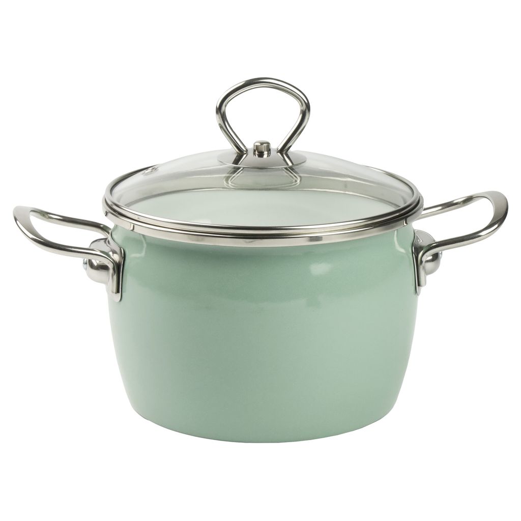 A light green pot with a glass lid and silver handles, shown against a white background.