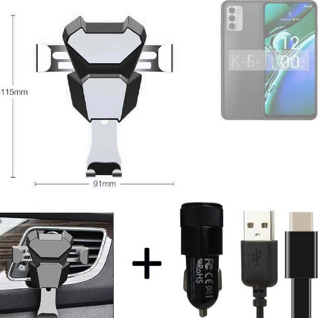 K-S-Trade Lüftungsschlitz Halterung kompatibel mit Nokia G42 Lüftungshalterung Lüftungsgitter schwarz-silber Auto-Halterung Smartphone Halter