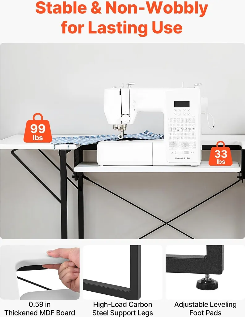 Tavolo da cucito - Tavolo per macchina da cucire - Piano ribaltabile - Ripiano regolabile in altezza - Struttura in acciaio - Salvaspazio - Per la casa e lo studio - Utilizzabile anche come tavolo per computer - Bianco - 3