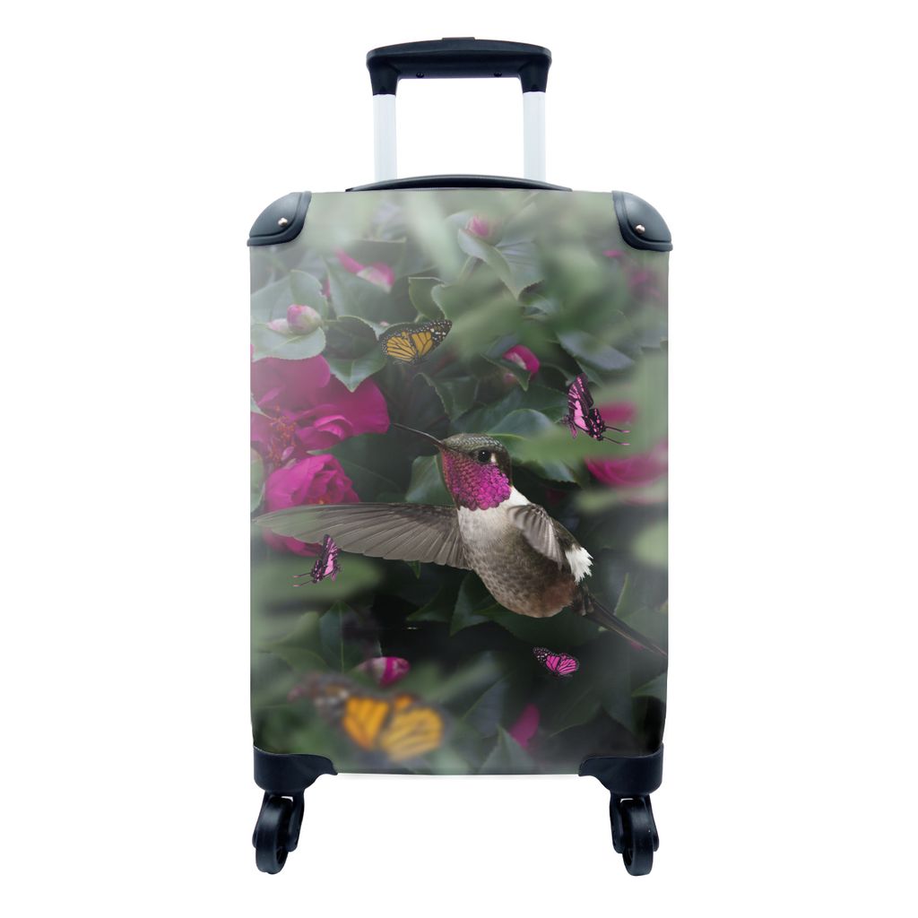 MuchoWow Koffer Handgepäck Trolley Rollkoffer Kleine Reisekoffer mit 4 Rollen - Kolibri - Rosa - Cabin Size < 55x40x23 cm & 55x40x20 cm - Fotoko...