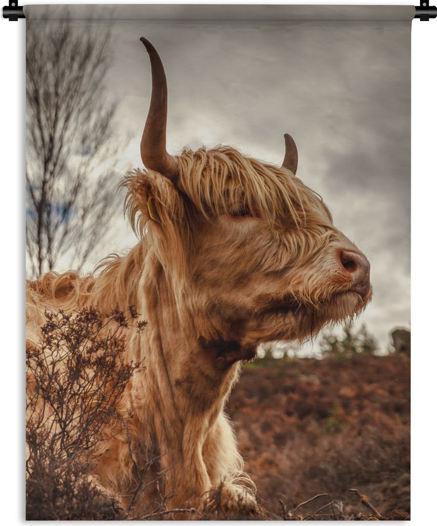 MuchoWow Wandteppich Wandbehang Scottish Highlander - Strauch - Heidekraut 90x120 cm Tapisserie Dekoration Wandtuch - Wanddeko