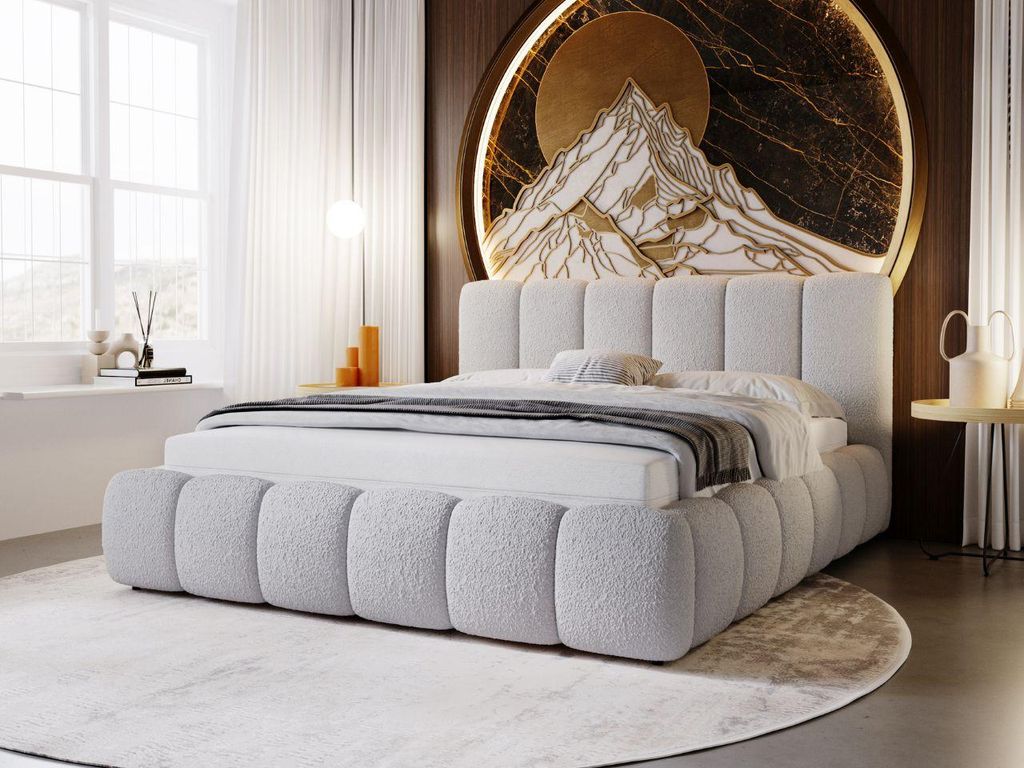 GrainGold Polsterbett Cloud 160x200 cm - Bett 160x200, Polsterbett mit Lattenrost - Bett ohne Bettkasten - Bett mit Bouclé-Stoff - Grau