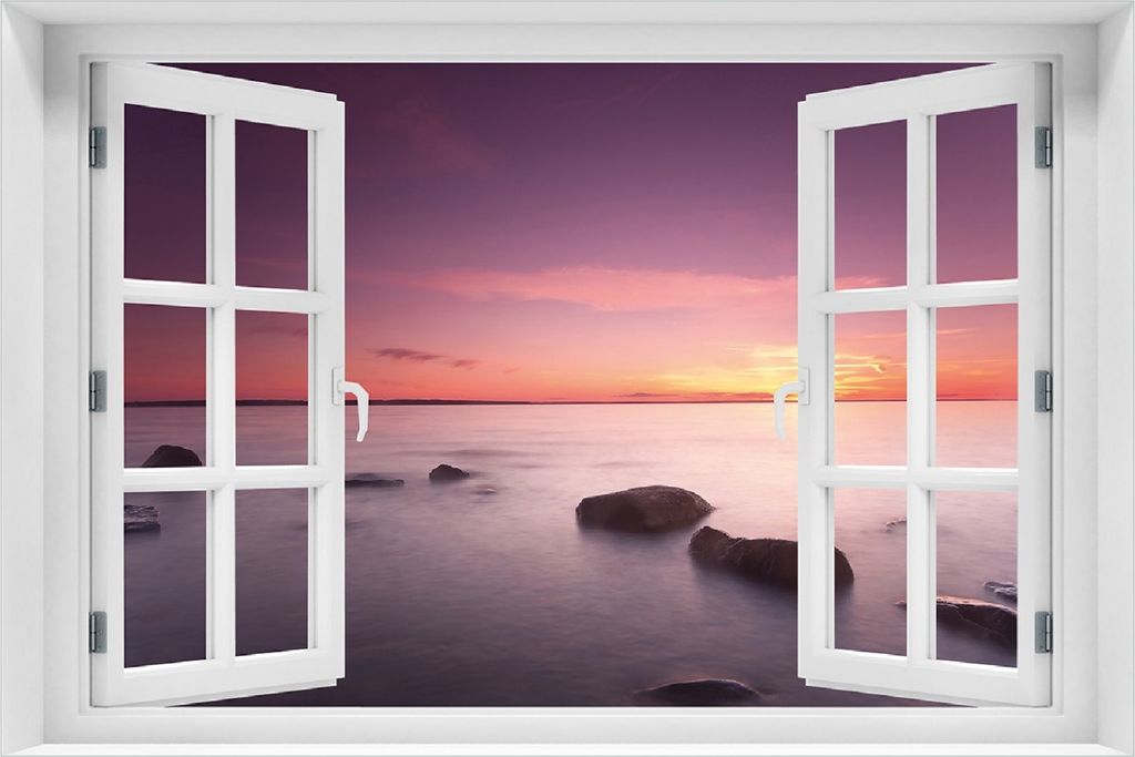 Wallario selbstklebendes Poster mit Fenster-Illusion - Nebel am See bei Sonnenuntergang, Größe: 100 x 150 cm