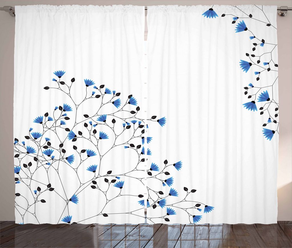 ABAKUHAUS Vintage Blue Rustikaler Gardine, Anemone Blanda, Schlafzimmer Kräuselband Vorhang mit Schlaufen und Haken, 280 x 225 cm, Weiß Schwarz u...
