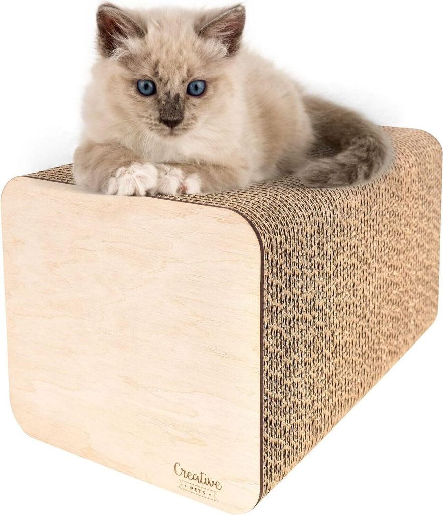 Creative Pets Katzen Kratzbrett Kratzpappe verstärkt mit Sperrholz | Natürlicher Kratzbaum 37 x 21,5 x 21,5 cm