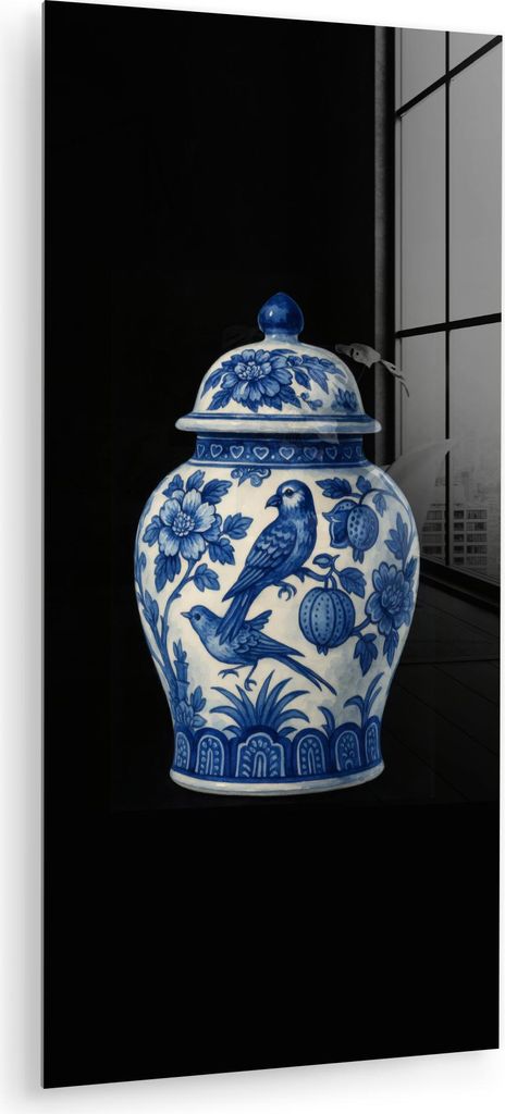 MuchoWow Glasbilder - Bilder auf Wandbild - Foto auf Glas Topf - Delfter Blau - Blumen 40x80 cm Wanddekoration aus Glas - Acrylglasbild - Acrylbild...