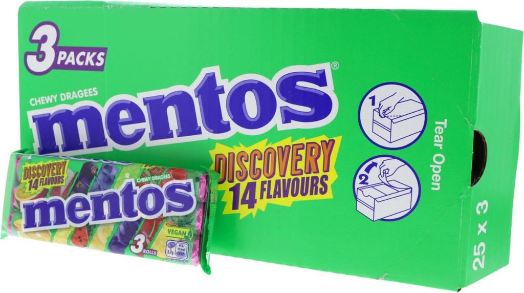 25 x 3er Pack Mentos Discovery Chewy Dragees 75x37,5g Rollen Fruchtig