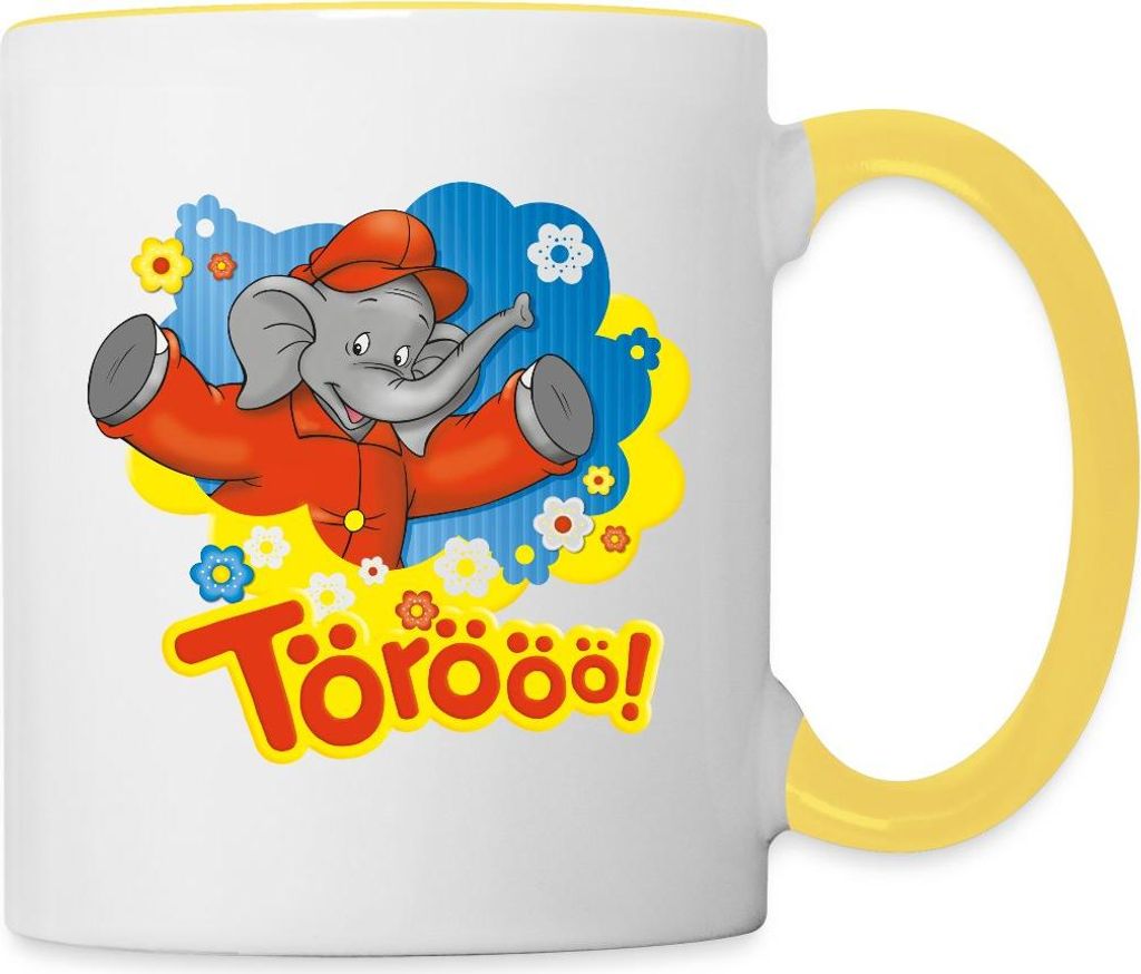 Spreadshirt Benjamin Blümchen Trötet Töröö Und Winkt Tasse Zweifarbig, One size, Weiß/Gelb