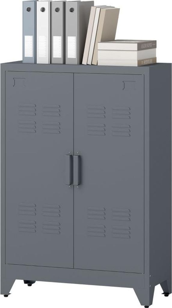Aktenschrank mit Lamellentüren, Lagerschrank, Metallschrank mit 2 verstellbaren Einlegeböden, 75 x 33 x 110 cm, Grau