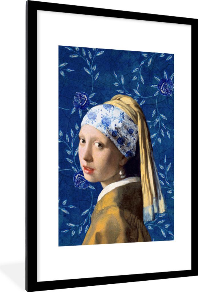 MuchoWow Gerahmtes Poster Mädchen mit Perlenohrring - Delfter Blau - Vermeer - Blumen - Gemälde - Alte Meister 60x90 cm - Poster mit Schwarzem ...