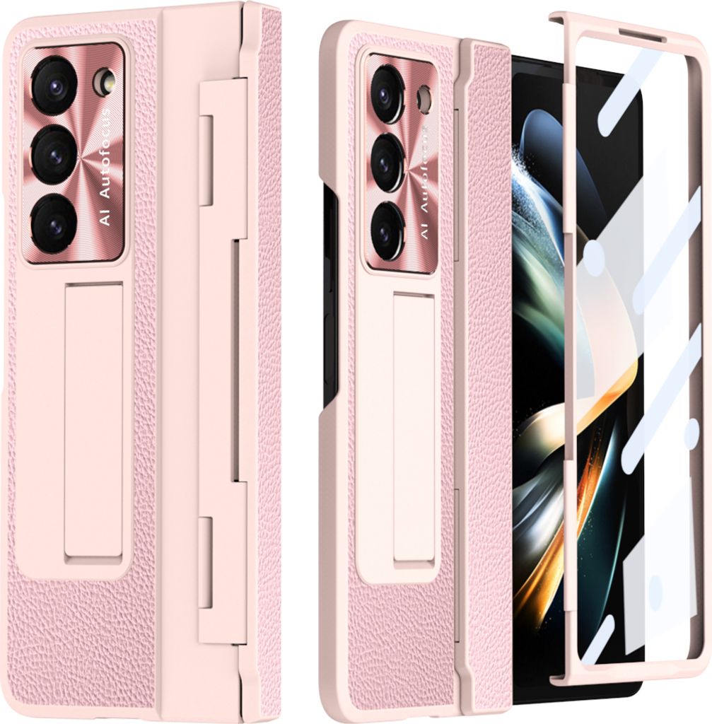 Hülle für Samsung Galaxy Z Fold 5 mit Displayschutz & Objektivschutz Litschi Ständer Schutzhülle Pink