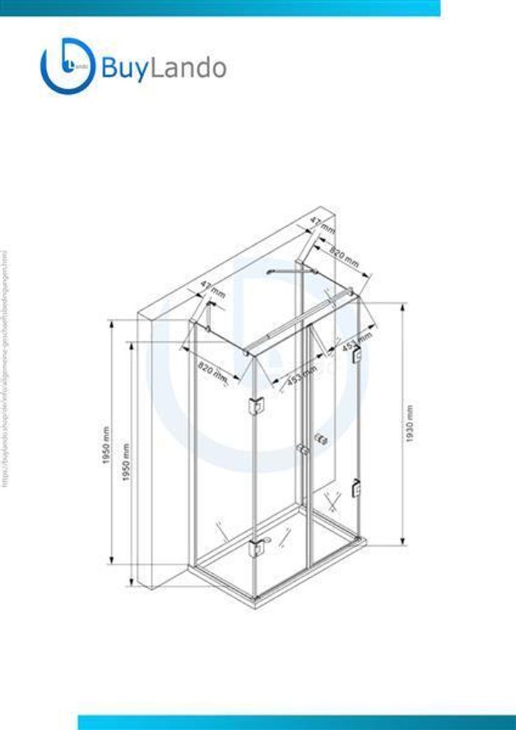 BuyLando U Form Duschkabine Emma 100(Tür)x90(Wand)x195cm / 8mm / ohne Duschtasse