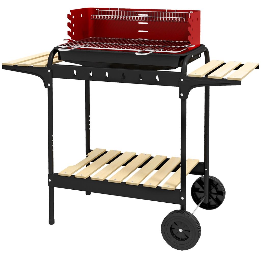 Holzkohlegrill aus Metall BBQ Smoker mit Räder, höheverstellbar Grillrost, Holzablage 103x47x95 cm Rot
