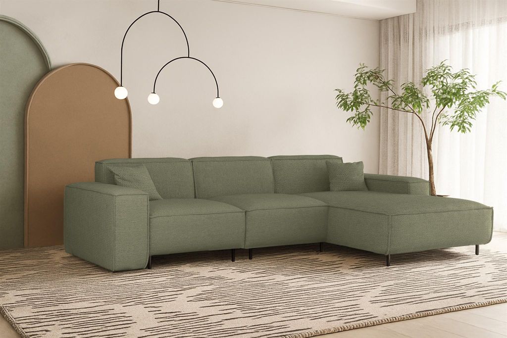 Ecksofa Designersofa GLORIA in Stoff Artico Grün Ottomane Rechts