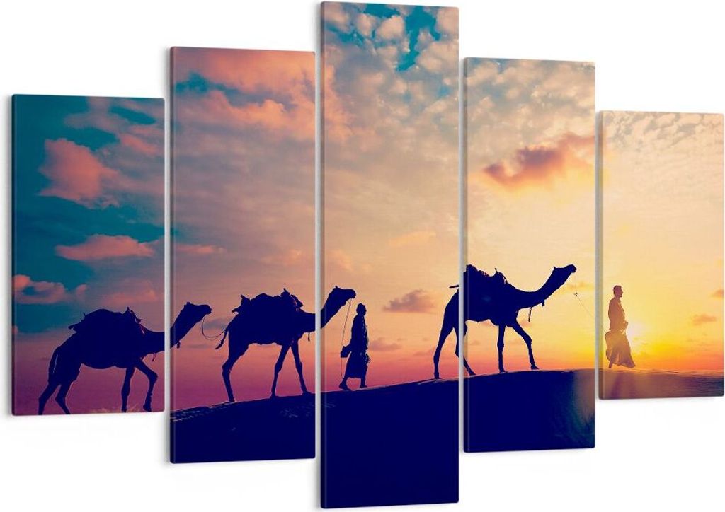 Bild auf Leinwand - Leinwandbild - Kamel Wohnwagen - 150x100cm - Wand Bild - Wanddeko - Wandbilder - Leinwanddruck - Bilder - Kunstdruck - Wanddeko...