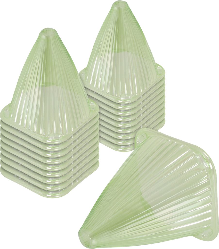 A stack of green garden cloches with one in the foreground.