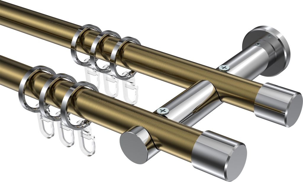 Interdeco Gardinenstange / Vorhangstange Messing Antik / Chrom, Typ Platon Santo (Kappe), 20 mm Ø 2-läufig, 320 cm