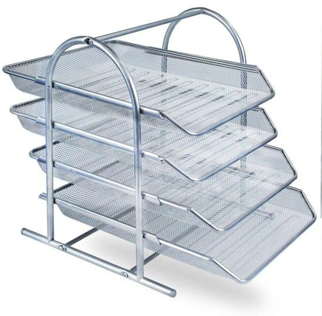 Rangement de bureau métallique argenté 4 sections et porte-documents
