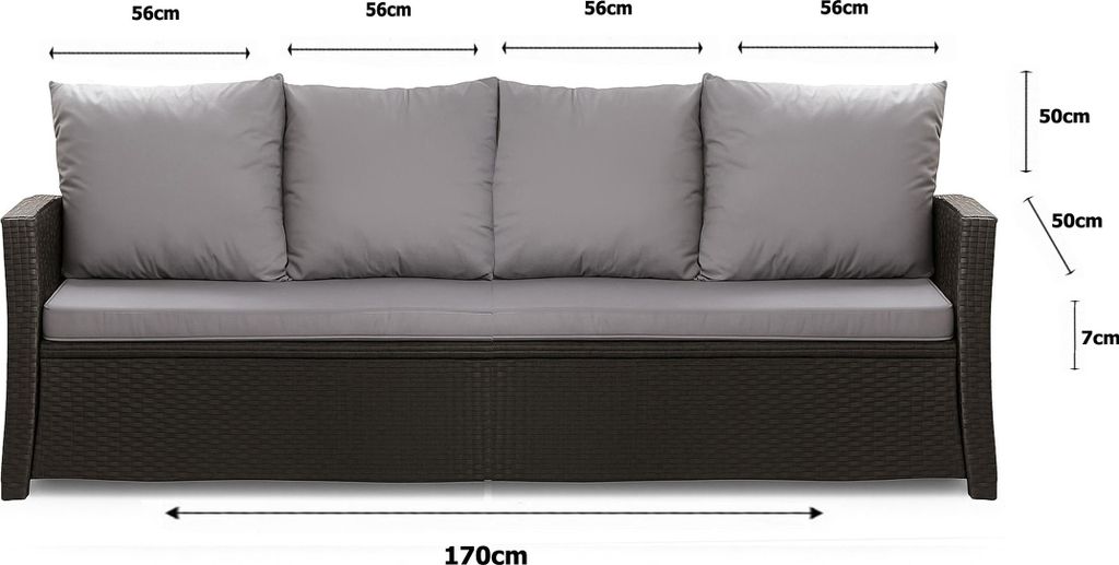 A product shot of a sofa with dimensions indicated by measurement lines and text.