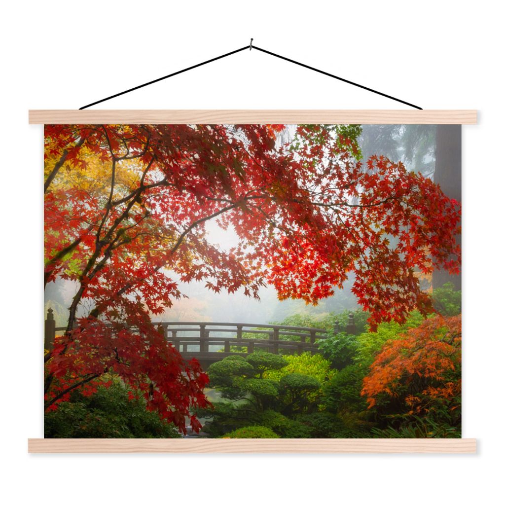 MuchoWow Textilposter Japanischer Ahorn - Bäume - Brücke - Natur - Japanisch 40x30 cm mit holzfarbenen Rahmen - Bilder