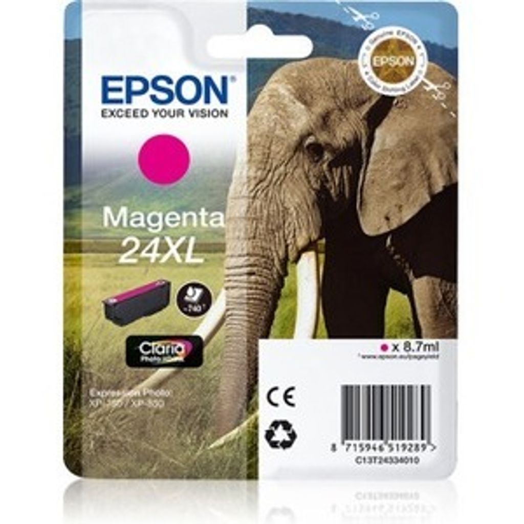 Epson Elephant Singlepack Magenta 24XL Claria Photo HD Ink, Magenta, Tinte auf Pigmentbasis, 8,7 ml, 1 Stück(e), 740 Seiten