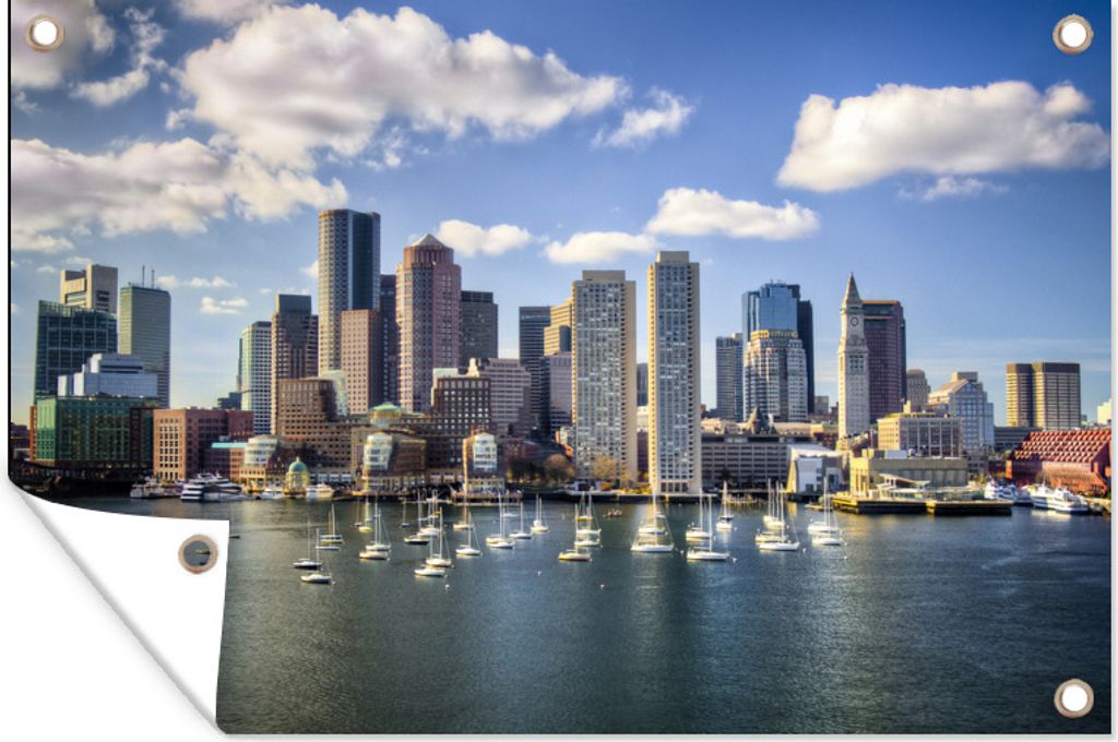 MuchoWow 90x60 cm Outdoor-Poster Gartendeko Sichtschutz Garten Poster für den Garten Skyline - Boston - Hafen