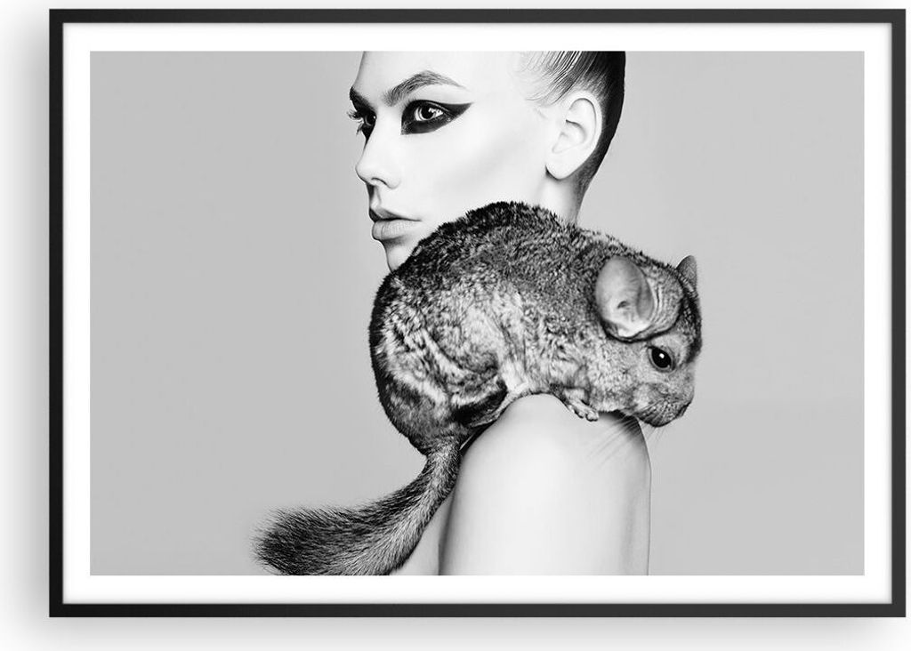 Gerahmtes Poster - Schwarzer Rahmen - Chinchilla Frau Porträt - 100x70 cm - Wand Bild - Wanddeko - Wandbilder - Wandposter - Bilderrahmen - Bilder...