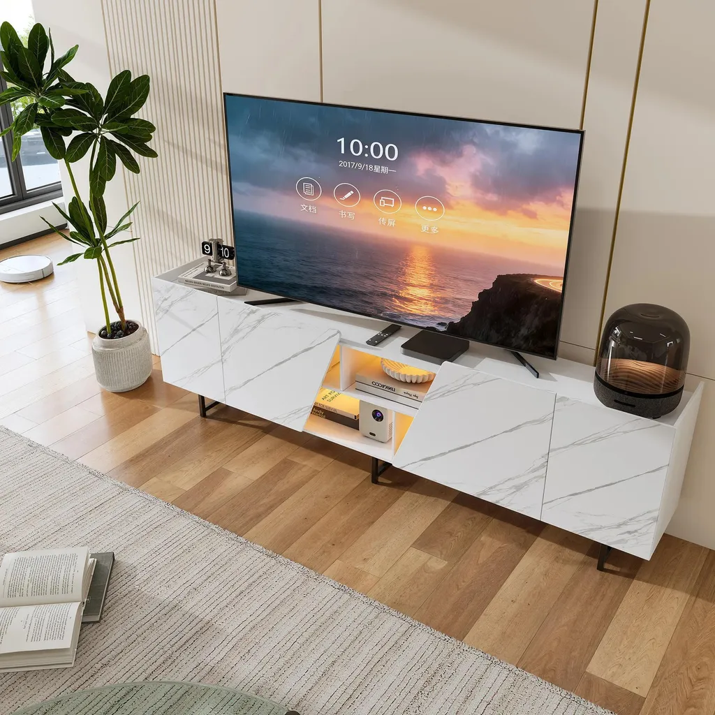 Banc TV blanc avec plateau effet marbre et 4 grands compartiments - 2