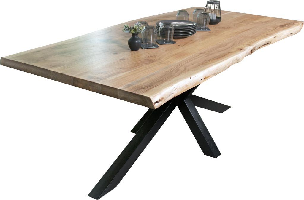 Esstisch Baumkante Akazie massiv 50mm Natur 200 x 100 cm Spider-Gestell schwarz CALI