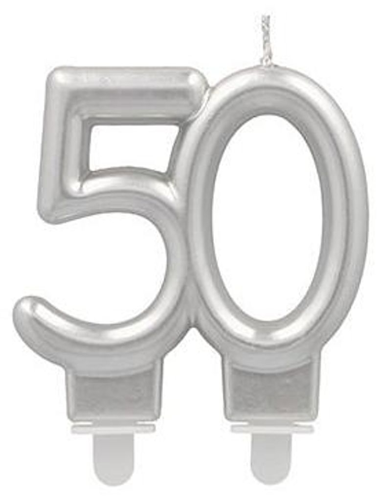 PAPSTAR Jubiläumskerzen 7 cm silber, "50" mit Halter für Feiern | Karton (12 Packungen)