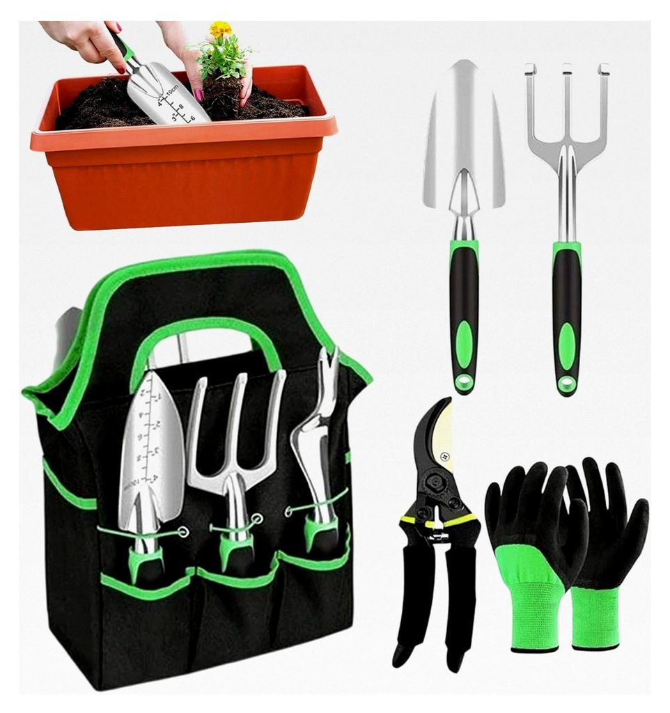 Gartenwerkzeug Set - 8 Teile aus Edelstahl für Pflanzenpflege - Handwerkzeuge für Bodenbearbeitung, Umpflanzen, Reinigung und Schneiden im Innen-...