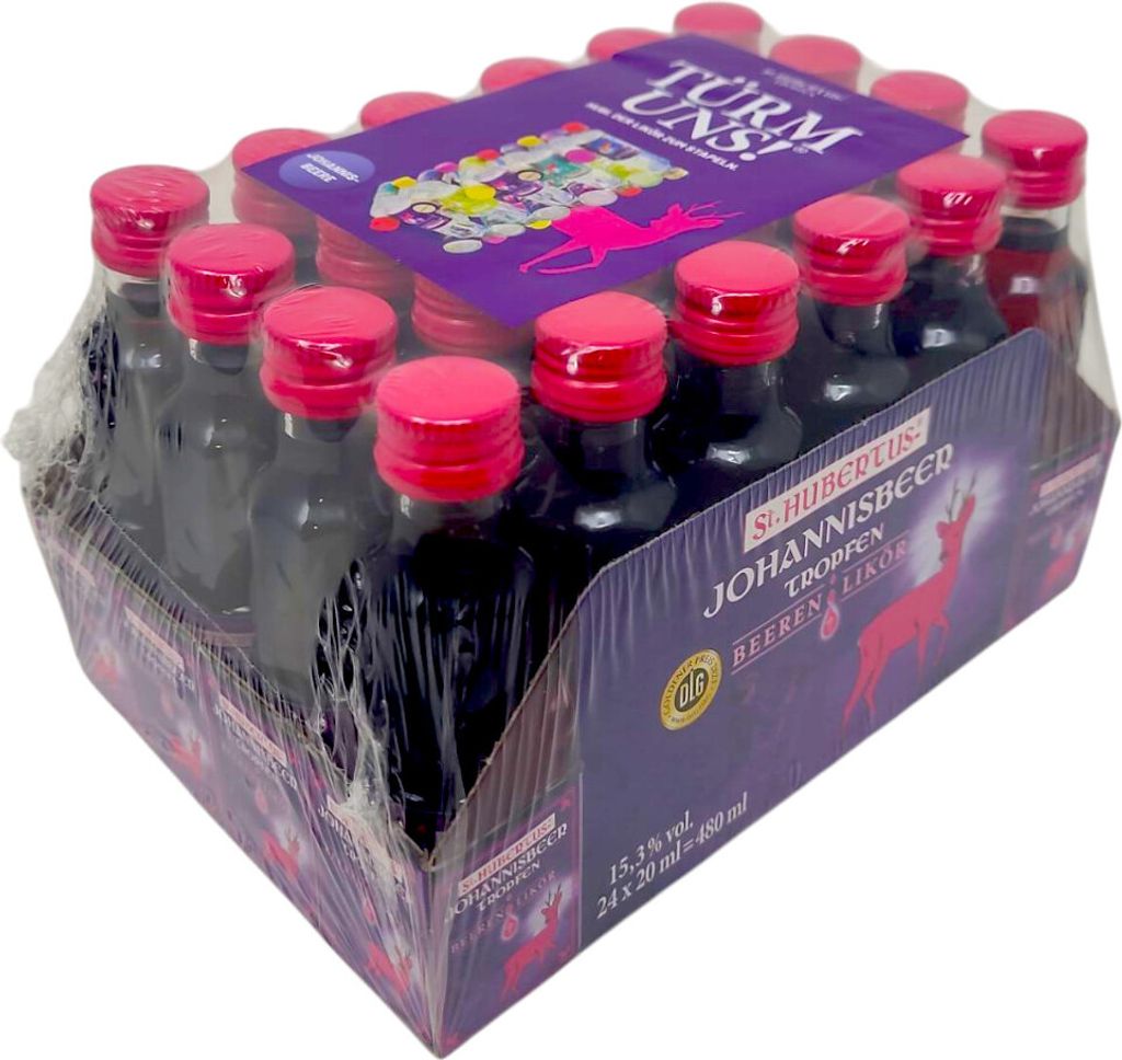 A shrink-wrapped case of small bottles of liqueur.