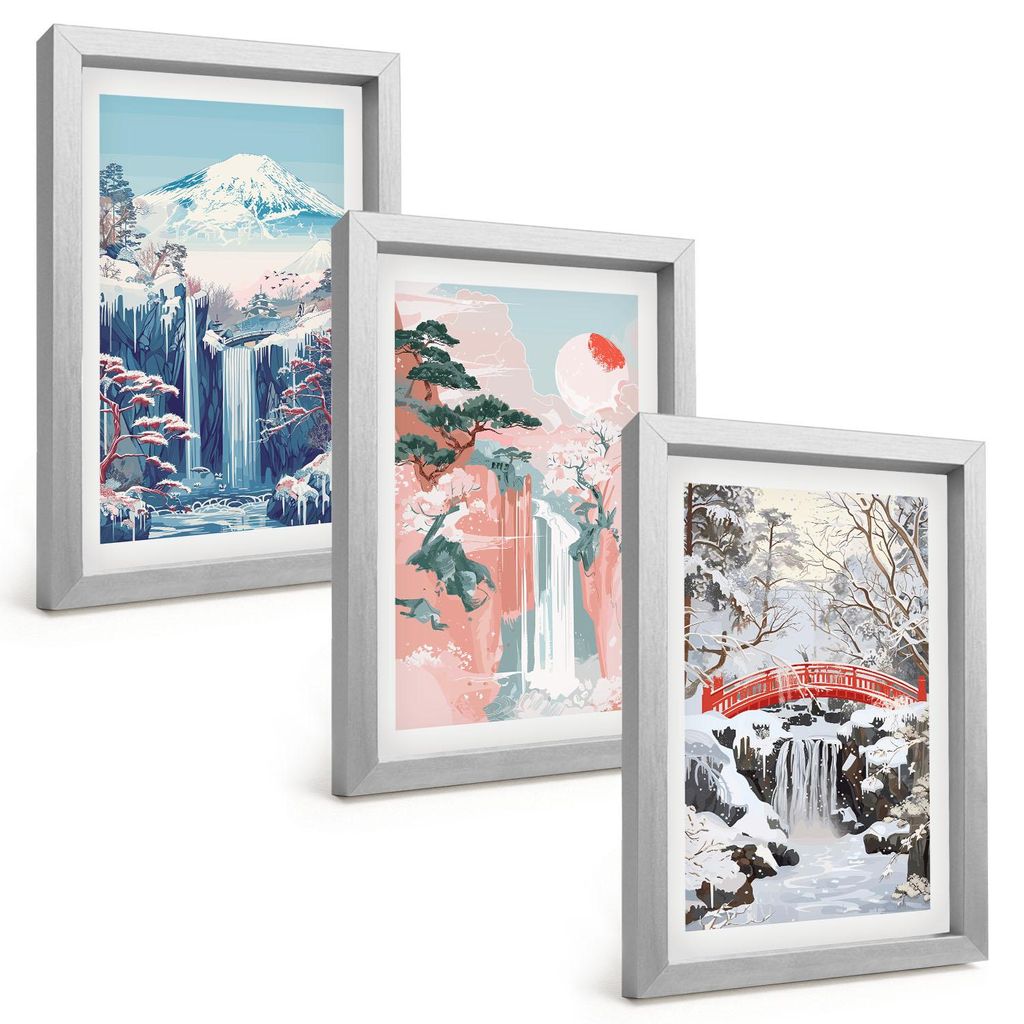 Bilder Set 3-teilig im silbergerahmten Rahmen – Wandbilder 3 Stück – gerahmte Poster für Wohnzimmer, Schlafzimmer und Flur – 20x30 cm – B...