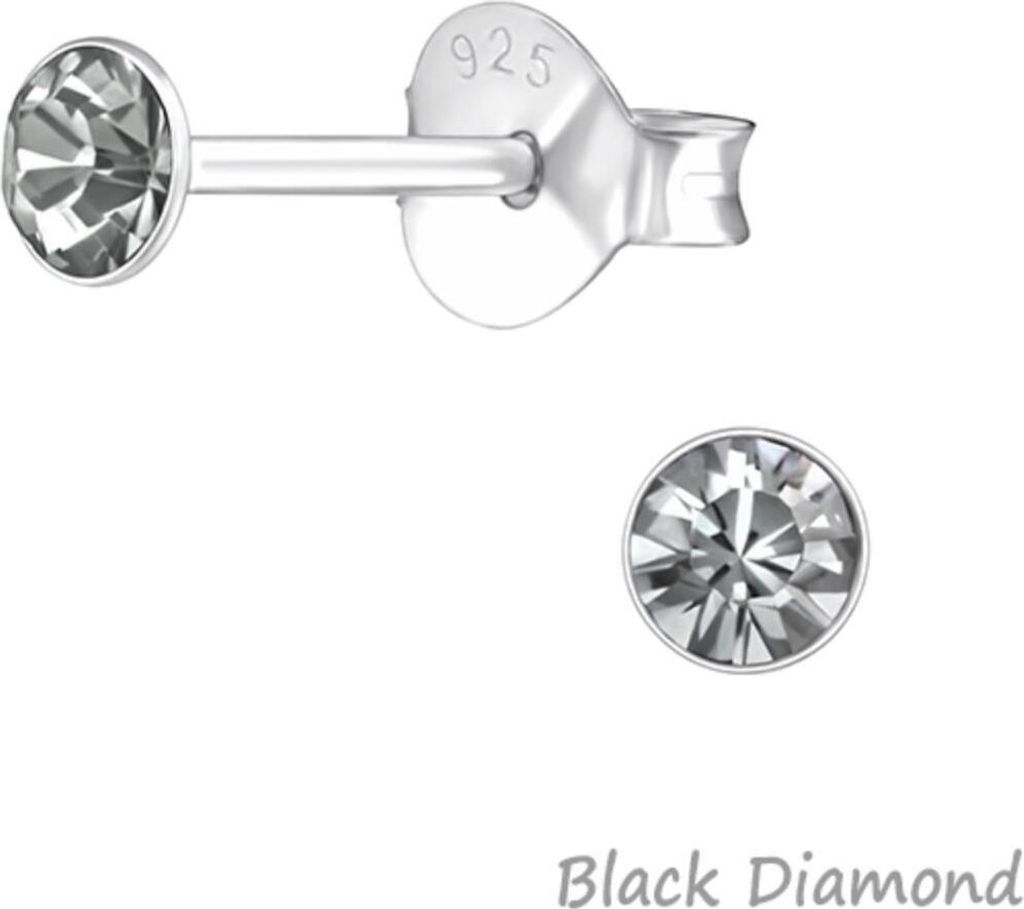 Silber Ohrstecker Kristall rund 3 mm Black Diamond