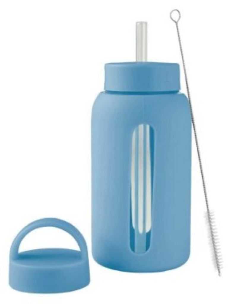 Trinkflasche aus Borosilikatglas 650 ml mit Strohhalm & Bürste - Blau