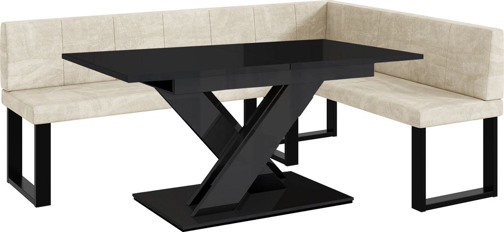 MEBLINI Eckbank für Esszimmer mit ausziehbarem Tisch - Küchenbank - Essecke - Sitzecke Küche - PETER - U-Beine 142x196x87cm Rechts - Creme Samt/...